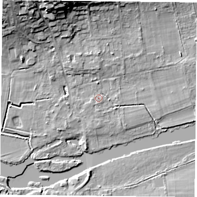 Shaded relief map of the ground around RG87DD, computed from Environment Agency LiDAR. The ground here sits at about 41 m above sea level and falls 21 m across the surrounding 800 m. Surface water reaching this point runs off ground lying to the west-south-west, 1.6 m higher.