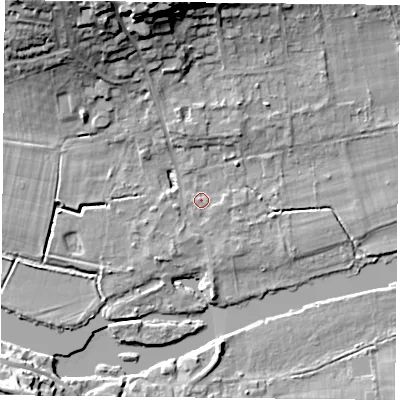 Shaded relief map of the ground around RG87DE, computed from Environment Agency LiDAR. The ground here sits at about 41 m above sea level and falls 19 m across the surrounding 800 m. Surface water reaching this point runs off ground lying to the south-east, 0.9 m higher.