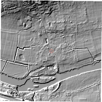 Shaded relief map of the ground around RG87DF, computed from Environment Agency LiDAR. The ground here sits at about 41 m above sea level and falls 18 m across the surrounding 800 m. Surface water reaching this point runs off ground lying to the south-west, 1.6 m higher.