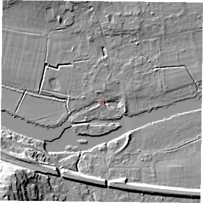 Shaded relief map of the ground around RG87DG, computed from Environment Agency LiDAR. The ground here sits at about 41 m above sea level and falls 26 m across the surrounding 800 m. Surface water reaching this point runs off ground lying to the north-north-west, 3.5 m higher.