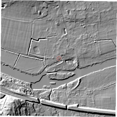 Shaded relief map of the ground around RG87DH, computed from Environment Agency LiDAR. The ground here sits at about 41 m above sea level and falls 27 m across the surrounding 800 m. Surface water reaching this point runs off ground lying to the north-north-west, 1.3 m higher.