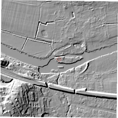 Shaded relief map of the ground around RG87DJ, computed from Environment Agency LiDAR. The ground here sits at about 40 m above sea level and falls 34 m across the surrounding 800 m. Surface water reaching this point runs off ground lying to the west, 18.4 m higher.