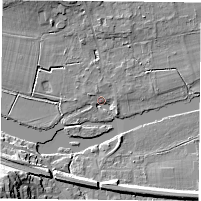 Shaded relief map of the ground around RG87DL, computed from Environment Agency LiDAR. The ground here sits at about 40 m above sea level and falls 25 m across the surrounding 800 m. Surface water reaching this point runs off ground lying to the west-north-west, 3.5 m higher.