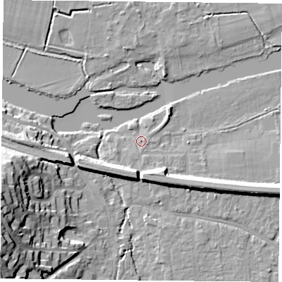 Shaded relief map of the ground around RG87DN, computed from Environment Agency LiDAR. The ground here sits at about 41 m above sea level and falls 27 m across the surrounding 800 m. Surface water reaching this point runs off ground lying to the south-south-west, 1.5 m higher.