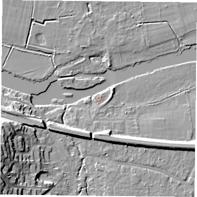 Shaded relief map of the ground around RG87DP, computed from Environment Agency LiDAR. The ground here sits at about 40 m above sea level and falls 24 m across the surrounding 800 m. Surface water reaching this point runs off ground lying to the east-north-east, 3.7 m higher.