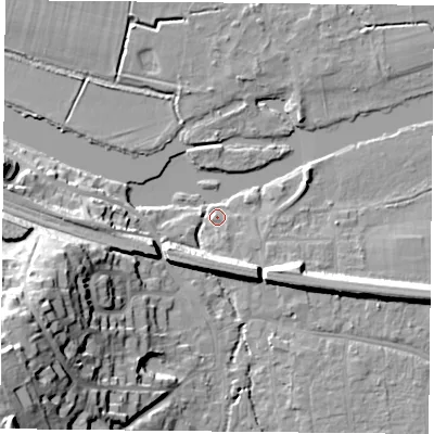Shaded relief map of the ground around RG87DS, computed from Environment Agency LiDAR. The ground here sits at about 41 m above sea level and falls 37 m across the surrounding 800 m. Surface water reaching this point runs off ground lying to the west-south-west, 9.0 m higher.