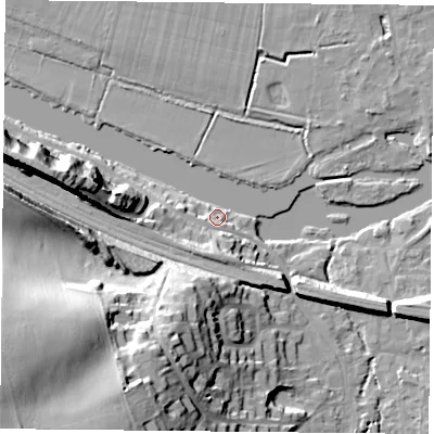 Shaded relief map of the ground around RG87DU, computed from Environment Agency LiDAR. The ground here sits at about 42 m above sea level and falls 40 m across the surrounding 800 m. Surface water reaching this point runs off ground lying to the south-west, 5.9 m higher.