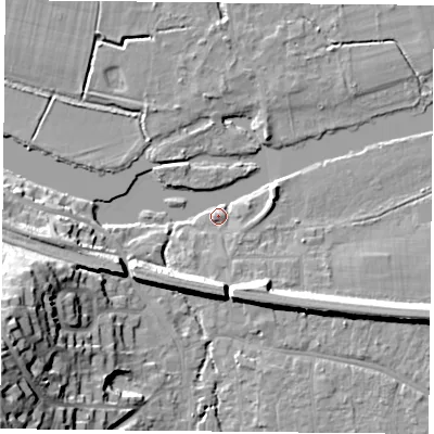 Shaded relief map of the ground around RG87DW, computed from Environment Agency LiDAR. The ground here sits at about 41 m above sea level and falls 30 m across the surrounding 800 m. Surface water reaching this point runs off ground lying to the west-south-west, 9.6 m higher.