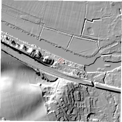 Shaded relief map of the ground around RG87DX, computed from Environment Agency LiDAR. The ground here sits at about 42 m above sea level and falls 43 m across the surrounding 800 m. Surface water reaching this point runs off ground lying to the west-south-west, 9.5 m higher.