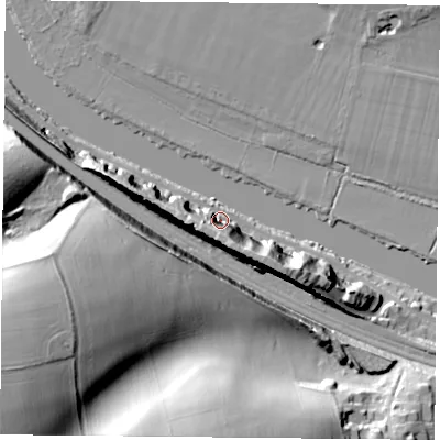 Shaded relief map of the ground around RG87EA, computed from Environment Agency LiDAR. The ground here sits at about 44 m above sea level and falls 42 m across the surrounding 800 m. Surface water reaching this point runs off ground lying to the south-south-west, 22.7 m higher.