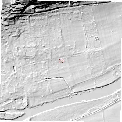 Shaded relief map of the ground around RG87EJ, computed from Environment Agency LiDAR. The ground here sits at about 40 m above sea level and falls 39 m across the surrounding 800 m. Surface water reaching this point runs off ground lying to the north-north-west, 38.6 m higher.