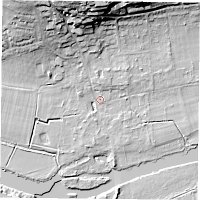 Shaded relief map of the ground around RG87EL, computed from Environment Agency LiDAR. The ground here sits at about 41 m above sea level and falls 32 m across the surrounding 800 m. Surface water reaching this point runs off ground lying to the north, 28.8 m higher.