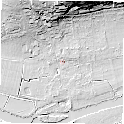 Shaded relief map of the ground around RG87EN, computed from Environment Agency LiDAR. The ground here sits at about 41 m above sea level and falls 41 m across the surrounding 800 m. Surface water reaching this point runs off ground lying to the north, 31.7 m higher.