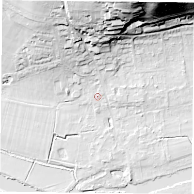 Shaded relief map of the ground around RG87EP, computed from Environment Agency LiDAR. The ground here sits at about 42 m above sea level and falls 51 m across the surrounding 800 m. Surface water reaching this point runs off ground lying to the north-north-east, 44.2 m higher.