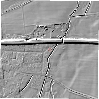 Shaded relief map of the ground around RG87HT, computed from Environment Agency LiDAR. The ground here sits at about 41 m above sea level and falls 9 m across the surrounding 800 m. Surface water reaching this point runs off ground lying to the west, 6.5 m higher.