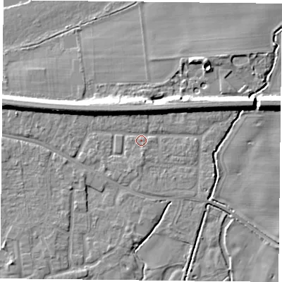 Shaded relief map of the ground around RG87JS, computed from Environment Agency LiDAR. The ground here sits at about 42 m above sea level and falls 9 m across the surrounding 800 m. Surface water reaching this point runs off ground lying to the west-north-west, 6.7 m higher.