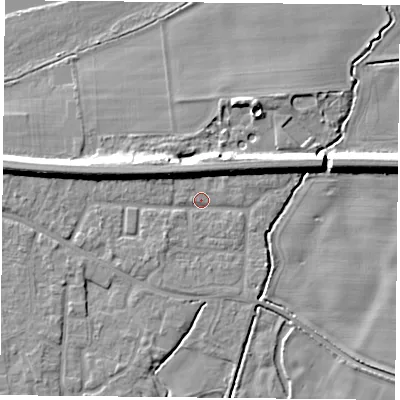 Shaded relief map of the ground around RG87JT, computed from Environment Agency LiDAR. The ground here sits at about 42 m above sea level and falls 9 m across the surrounding 800 m. Surface water reaching this point runs off ground lying to the west, 6.7 m higher.