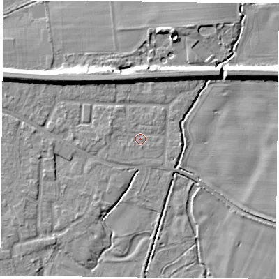 Shaded relief map of the ground around RG87JU, computed from Environment Agency LiDAR. The ground here sits at about 41 m above sea level and falls 9 m across the surrounding 800 m. Surface water reaching this point runs off ground lying to the east, 1.5 m higher.