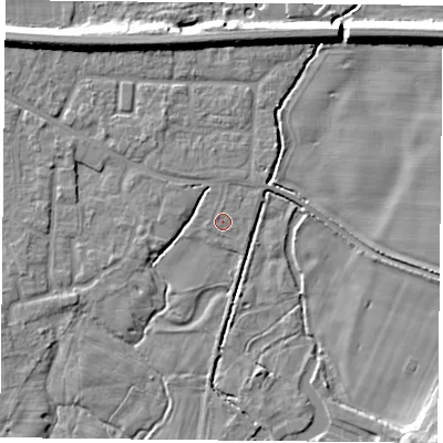 Shaded relief map of the ground around RG87LH, computed from Environment Agency LiDAR. The ground here sits at about 42 m above sea level and falls 10 m across the surrounding 800 m. Surface water reaching this point runs off ground lying to the west-north-west, 0.5 m higher.