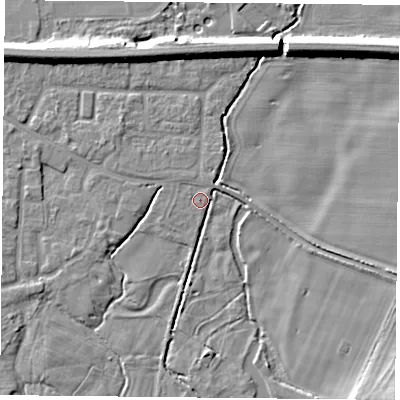 Shaded relief map of the ground around RG87LJ, computed from Environment Agency LiDAR. The ground here sits at about 42 m above sea level and falls 9 m across the surrounding 800 m. Surface water reaching this point runs off ground lying to the south-east, 8.4 m higher.