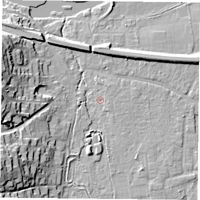 Shaded relief map of the ground around RG87LP, computed from Environment Agency LiDAR. The ground here sits at about 41 m above sea level and falls 28 m across the surrounding 800 m. Surface water reaching this point runs off ground lying to the south-west, 26.7 m higher.
