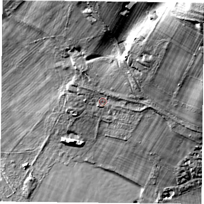 Shaded relief map of the ground around RG87QT, computed from Environment Agency LiDAR. The ground here sits at about 53 m above sea level and falls 66 m across the surrounding 800 m. Surface water reaching this point runs off ground lying to the north-east, 52.3 m higher.