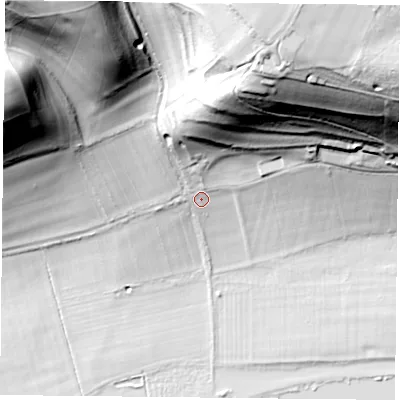 Shaded relief map of the ground around RG87RA, computed from Environment Agency LiDAR. The ground here sits at about 46 m above sea level and falls 71 m across the surrounding 800 m. Surface water reaching this point runs off ground lying to the north-north-east, 44.4 m higher.