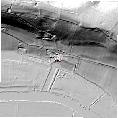 Shaded relief map of the ground around RG87RB, computed from Environment Agency LiDAR. The ground here sits at about 46 m above sea level and falls 73 m across the surrounding 800 m. Surface water reaching this point runs off ground lying to the north, 67.2 m higher.