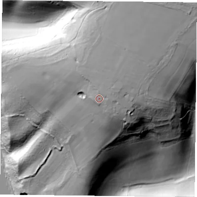 Shaded relief map of the ground around RG87TB, computed from Environment Agency LiDAR. The ground here sits at about 134 m above sea level and falls 107 m across the surrounding 800 m. Surface water reaching this point runs off ground lying to the north-east, 9.7 m higher.