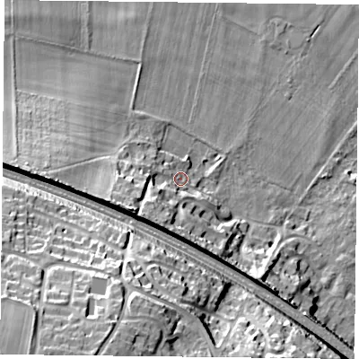 Shaded relief map of the ground around RG88AF, computed from Environment Agency LiDAR. The ground here sits at about 42 m above sea level and falls 38 m across the surrounding 800 m. Surface water reaching this point runs off ground lying to the south-west, 10.2 m higher.