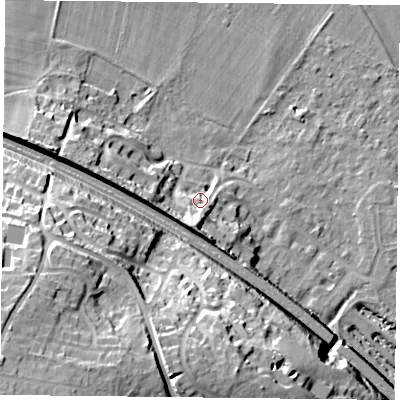 Shaded relief map of the ground around RG88BA, computed from Environment Agency LiDAR. The ground here sits at about 44 m above sea level and falls 39 m across the surrounding 800 m. Surface water reaching this point runs off ground lying to the south-south-west, 9.7 m higher.