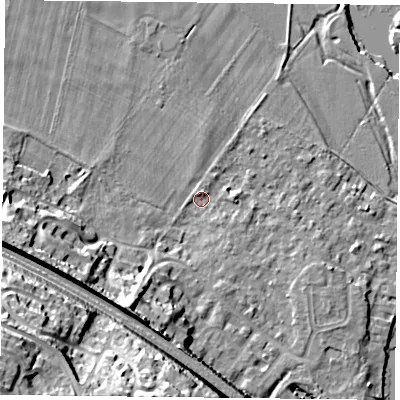 Shaded relief map of the ground around RG88BD, computed from Environment Agency LiDAR. The ground here sits at about 38 m above sea level and falls 35 m across the surrounding 800 m. Surface water reaching this point runs off ground lying to the west-south-west, 15.0 m higher.
