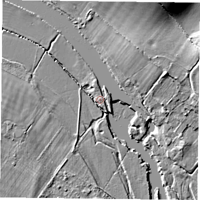Shaded relief map of the ground around RG88BE, computed from Environment Agency LiDAR. The ground here sits at about 40 m above sea level and falls 16 m across the surrounding 800 m. Surface water reaching this point runs off ground lying to the west, 3.4 m higher.