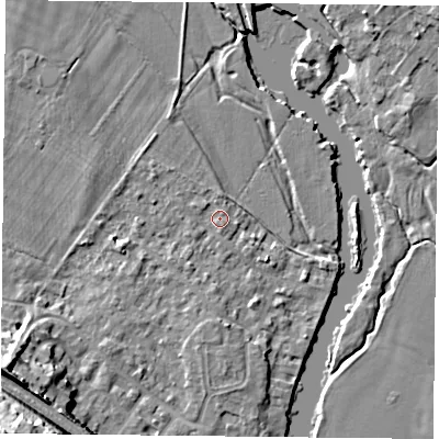 Shaded relief map of the ground around RG88BG, computed from Environment Agency LiDAR. The ground here sits at about 39 m above sea level and falls 22 m across the surrounding 800 m. Surface water reaching this point runs off ground lying to the north-north-west, 1.1 m higher.
