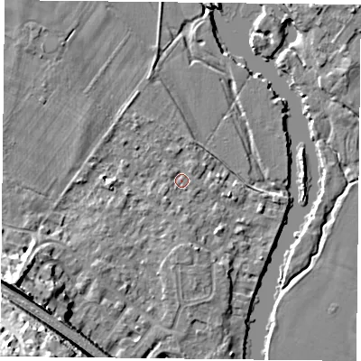 Shaded relief map of the ground around RG88BH, computed from Environment Agency LiDAR. The ground here sits at about 39 m above sea level and falls 27 m across the surrounding 800 m. Surface water reaching this point runs off ground lying to the south-west, 23.3 m higher.