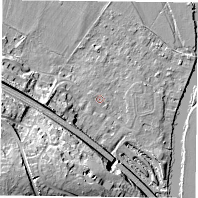 Shaded relief map of the ground around RG88BJ, computed from Environment Agency LiDAR. The ground here sits at about 40 m above sea level and falls 37 m across the surrounding 800 m. Surface water reaching this point runs off ground lying to the west-north-west, 0.8 m higher.