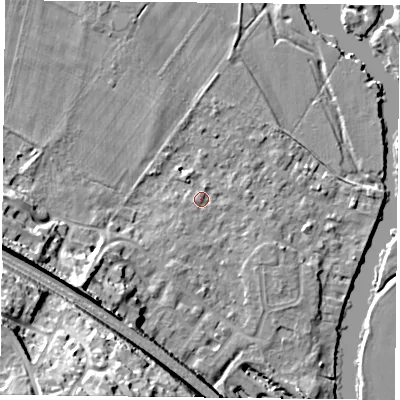Shaded relief map of the ground around RG88BL, computed from Environment Agency LiDAR. The ground here sits at about 40 m above sea level and falls 34 m across the surrounding 800 m. Surface water reaching this point runs off ground lying to the south-west, 30.8 m higher.