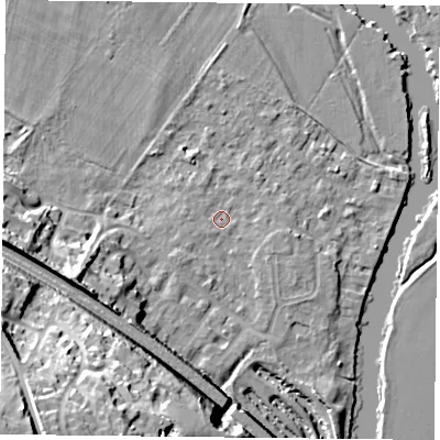 Shaded relief map of the ground around RG88BP, computed from Environment Agency LiDAR. The ground here sits at about 39 m above sea level and falls 36 m across the surrounding 800 m. Surface water reaching this point runs off ground lying to the south-west, 33.3 m higher.