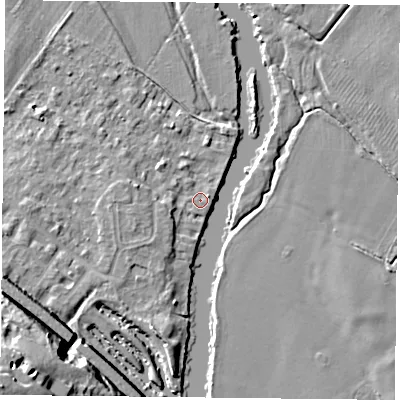 Shaded relief map of the ground around RG88BX, computed from Environment Agency LiDAR. The ground here sits at about 38 m above sea level and falls 32 m across the surrounding 800 m. Surface water reaching this point runs off ground lying to the west-north-west, 2.8 m higher.
