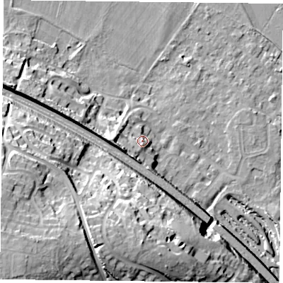 Shaded relief map of the ground around RG88DG, computed from Environment Agency LiDAR. The ground here sits at about 44 m above sea level and falls 38 m across the surrounding 800 m. Surface water reaching this point runs off ground lying to the west-south-west, 3.5 m higher.