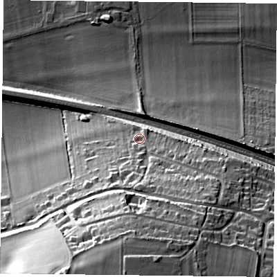 Shaded relief map of the ground around RG88DL, computed from Environment Agency LiDAR. The ground here sits at about 53 m above sea level and falls 39 m across the surrounding 800 m. Surface water reaching this point runs off ground lying to the south-east, 15.7 m higher.