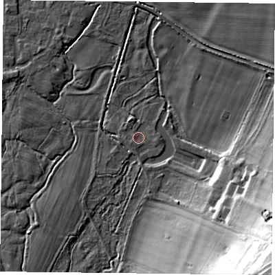 Shaded relief map of the ground around RG88DT, computed from Environment Agency LiDAR. The ground here sits at about 42 m above sea level and falls 40 m across the surrounding 800 m. Surface water reaching this point runs off ground lying to the east, 0.9 m higher.