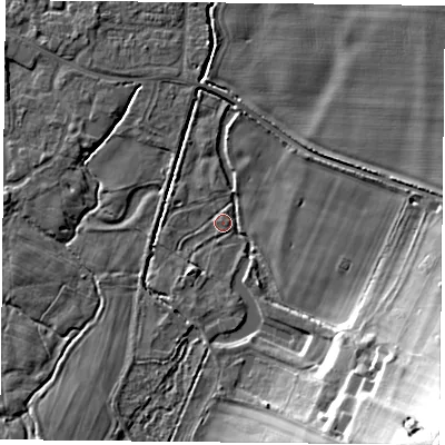 Shaded relief map of the ground around RG88DU, computed from Environment Agency LiDAR. The ground here sits at about 41 m above sea level and falls 30 m across the surrounding 800 m. Surface water reaching this point runs off ground lying to the south-east, 29.8 m higher.