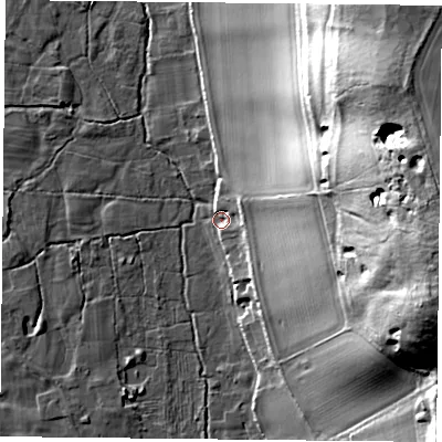 Shaded relief map of the ground around RG88DX, computed from Environment Agency LiDAR. The ground here sits at about 44 m above sea level and falls 52 m across the surrounding 800 m. Surface water reaching this point runs off ground lying to the east-north-east, 47.0 m higher.