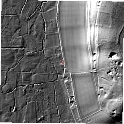 Shaded relief map of the ground around RG88EA, computed from Environment Agency LiDAR. The ground here sits at about 45 m above sea level and falls 52 m across the surrounding 800 m. Surface water reaching this point runs off ground lying to the east, 40.6 m higher.