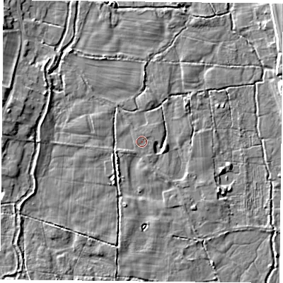 Shaded relief map of the ground around RG88EB, computed from Environment Agency LiDAR. The ground here sits at about 44 m above sea level and falls 6 m across the surrounding 800 m. Surface water reaching this point runs off ground lying to the south-west, 2.5 m higher.