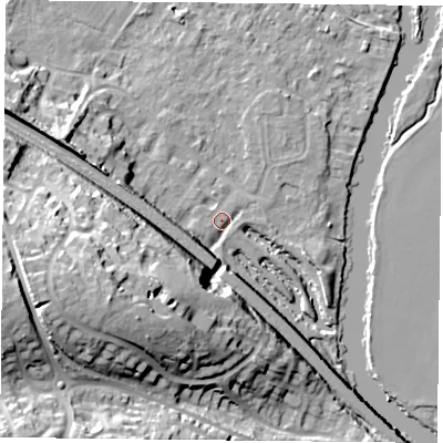 Shaded relief map of the ground around RG88TE, computed from Environment Agency LiDAR. The ground here sits at about 40 m above sea level and falls 36 m across the surrounding 800 m. Surface water reaching this point runs off ground lying to the south-west, 31.8 m higher.