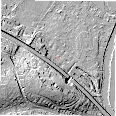 Shaded relief map of the ground around RG88TF, computed from Environment Agency LiDAR. The ground here sits at about 40 m above sea level and falls 37 m across the surrounding 800 m. Surface water reaching this point runs off ground lying to the west-south-west, 34.2 m higher.