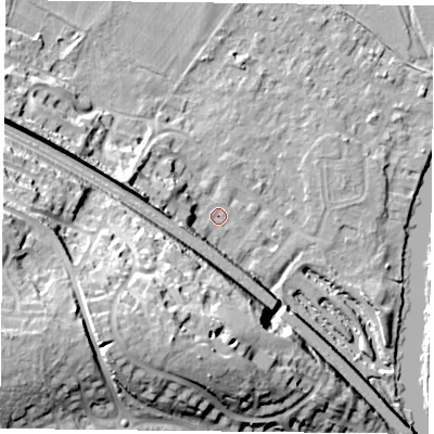 Shaded relief map of the ground around RG88TG, computed from Environment Agency LiDAR. The ground here sits at about 40 m above sea level and falls 37 m across the surrounding 800 m. Surface water reaching this point runs off ground lying to the west-south-west, 34.4 m higher.