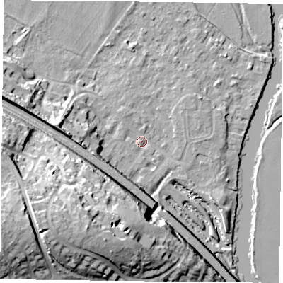 Shaded relief map of the ground around RG88TQ, computed from Environment Agency LiDAR. The ground here sits at about 40 m above sea level and falls 37 m across the surrounding 800 m. Surface water reaching this point runs off ground lying to the south-west, 33.4 m higher.